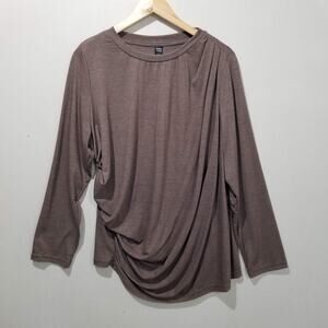 Emery Rose Shirt Womens 1XL Brown Draped Ruched Jersey Long Sleeve Casual Top